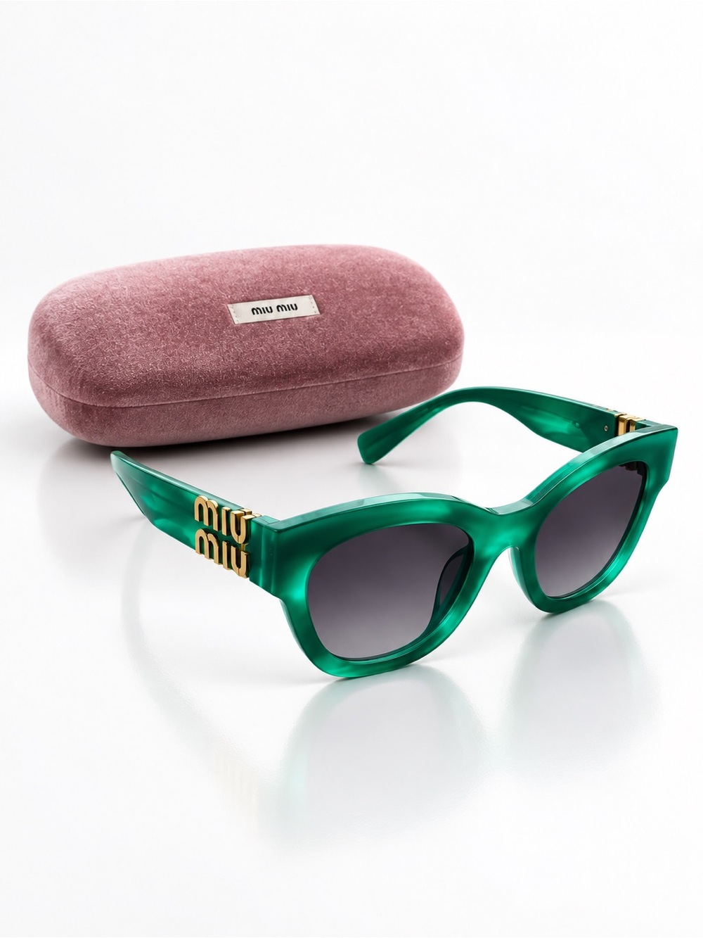 Miu Miu SMU 01Y Green Cat Eye Sunglasses Gold Logo w/ Original Case